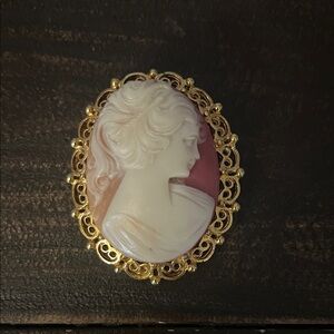 Gold-Tone Pink Cameo Brooch with White Relief - Women's Jewelry